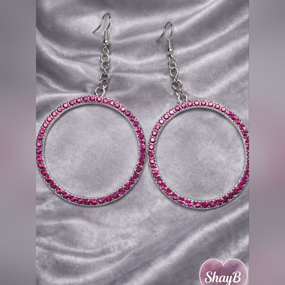 Pink Rhinestone and Silver Hoop Earrings